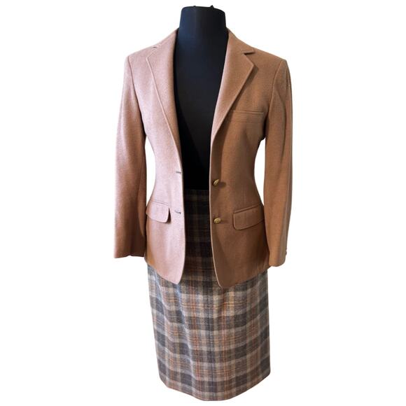 Vintage 80s Cashmere Camel Blazer Grey Plaid Midi Skirt Suit size 6 Van Julian - Picture 15 of 16